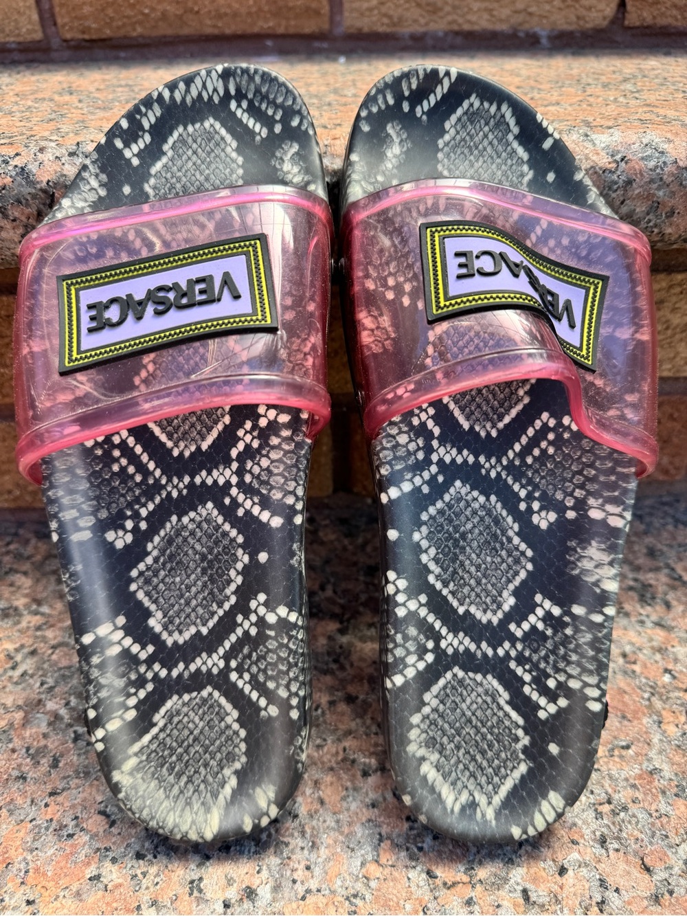 Versace Pink Transparent Strap Slides with Snake-Print Footbed